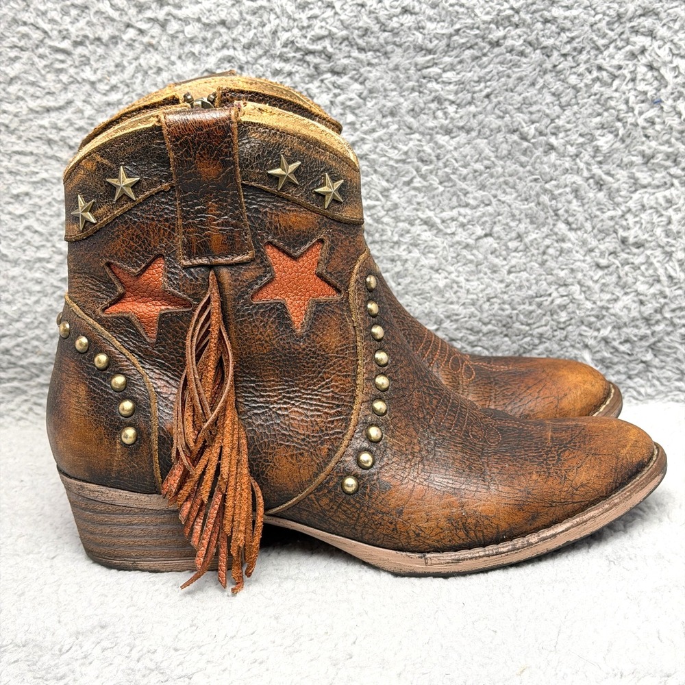 Circle G Star Fringe Womens Size 8 Western Ankle Boots Distressed Brown Leather
